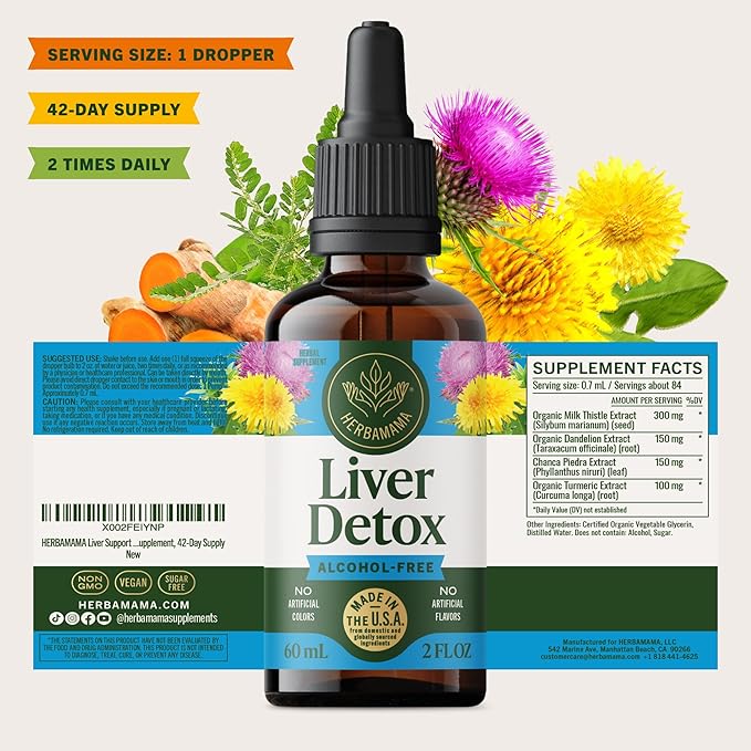 HERBAMAMA Liver Support Tincture - Vegan Liver Detox Liquid Drops with Milk Thistle, Dandelion Root & Chanca Piedra - Non-GMO, Alcohol & Sugar-Free Liquid Cleanse Supplement, 42-Day Supply