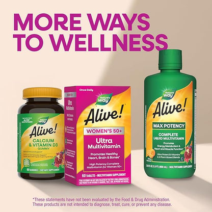 Nature’s Way Alive! Ultra Potency Multivitamin for Women 50 Plus, Complete High Potency Formula with Vitamin D3, C, E, Methylated B12, Supports, Heart, Brain, and Bone Health*, 60 Tablets