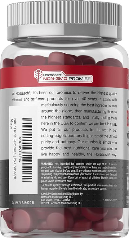 Horbäach Nitric Oxide Beet Root Gummies | 60 Chews| with Nitrates, Vitamin C & Black Pepper | for Men & Women | Strawberry Flavor | Vegan, Non-GMO, Gluten Free Supplement