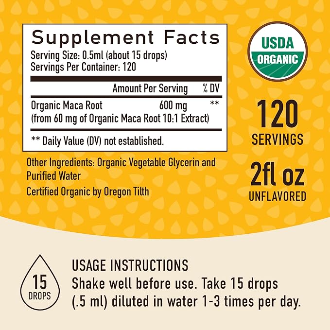 Maca Root Liquid Drops for Organic Energy Support for Women & Men | 2 Fluid Ounces | Support Hormone Balance, Mood, Energy & Fitness | Organic Maca Root for Women & Men | 4-Month Supply, 120 Servings