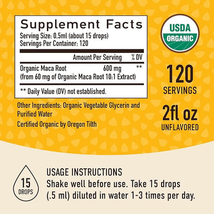 Maca Root Liquid Drops for Organic Energy Support for Women & Men | 2 Fluid Ounces | Support Hormone Balance, Mood, Energy & Fitness | Organic Maca Root for Women & Men | 4-Month Supply, 120 Servings