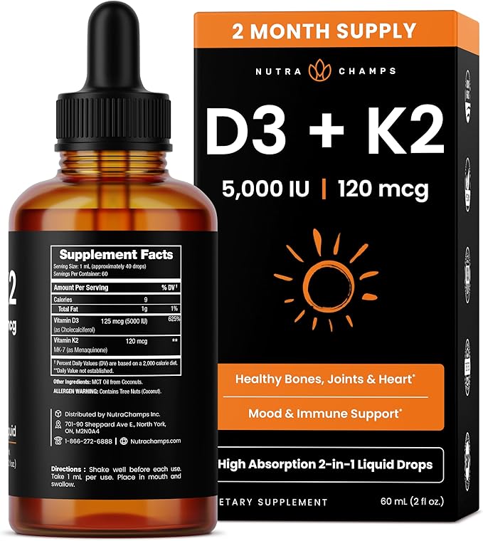 NutraChamps Vitamin D3 K2 Drops, Liquid Vitamin D3 5000 IU & K2 D3 with MK7, Vitamin D Drops for Kids, Bones, Heart & Immune Health, Liquid Vitamin D in MCT Oil for Better Absorption