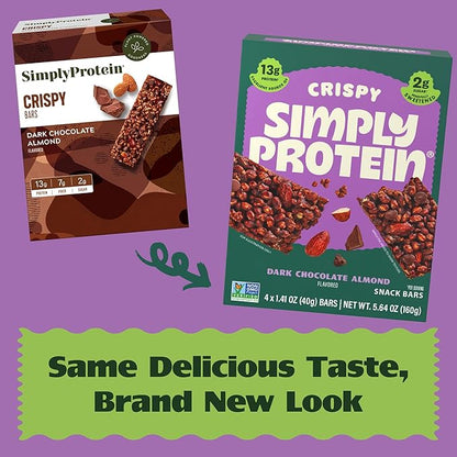 Simply Protein - Dark Chocolate Almond Crispy Bars - Plant Based Protein Bars - Low Carb, Low Sugar, High Fiber - 13g Protein, 2g Sugar, 7g Fiber - Vegan, Gluten Free, Non GMO, Kosher - 24 Bars