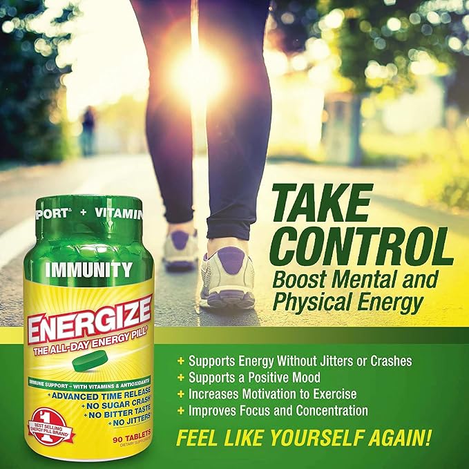iSatori Energize Immunity Caffeine Pills - Keto Friendly Vitamin A, B12, C, D, & E Supplement + Fast Acting Energy Pill - Daily Immune Support, Super Greens, All Day Energy, No Jitters - 90 Tablets