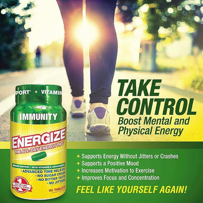 iSatori Energize Immunity Caffeine Pills - Keto Friendly Vitamin A, B12, C, D, & E Supplement + Fast Acting Energy Pill - Daily Immune Support, Super Greens, All Day Energy, No Jitters - 90 Tablets