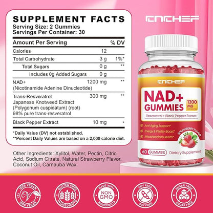 NAD+ Gummies, 1200mg Liposomal NAD Supplement for Women & Men with Trans-Resveratrol & Black Pepper Extract Anti-Aging Supplement, Brain & Cellular Mitochondrial Health - 120 Gummies Strawberry