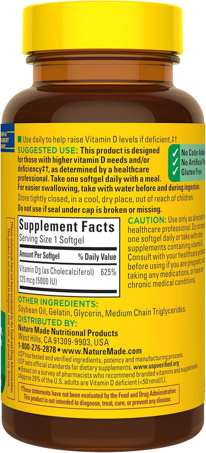Nature Made Vitamin D3 5000 IU (125 mcg) Softgels, Extra Strength Vitamin D Supplement for Bone and Immune Health Support, 90 Softgels, 90 Day Supply
