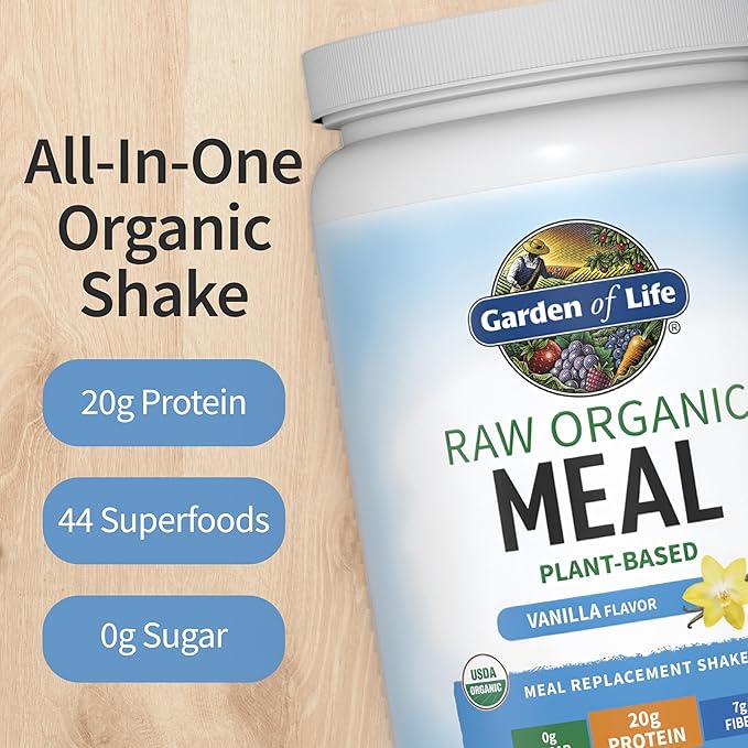 Garden of Life Meal Replacement Shakes, Raw Organic, Vanilla Protein Powder with Plant Based Pea Protein, Sprouts, Greens, Probiotics, Dairy Free 28 Servings