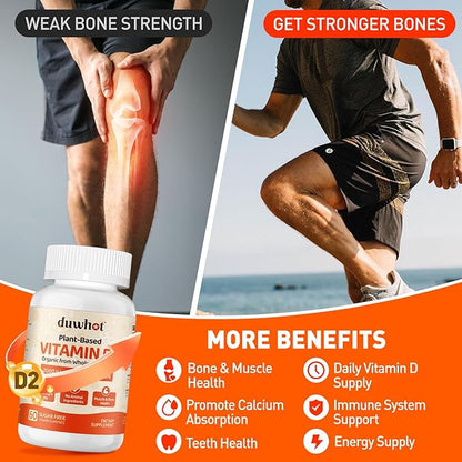 duwhot Vitamin D2 Gummies 2000 IU, Plant-Based Vitamin D Supplement from Whole Mushroom, for Bone, Muscle & Immune Support, Daily Sunshine Supply, Vegan, Non-GMO, Orange, 60 Chews