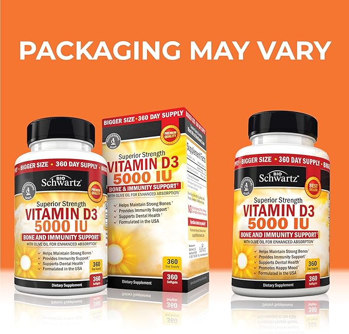 Vitamin D3 5000 IU (125 mcg) Natural Immune Support Supplement, Bone Strength, Healthy Muscle Function, with Olive Oil for Highest Absorption, Gluten Free & Non-GMO, 1 Year Supply, 360 Softgels