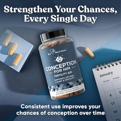 Eu Natural Conception for Him - Male Fertility Supplements with Ashwagandha, Folate & Zinc - Sperm Count, Motility & Strength Support - Fertility Support for Men, 60 Vegetarian Capsules