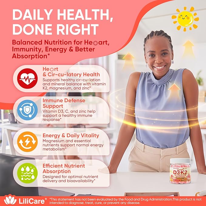 Vitamin D3 K2 Gummies 5000IU / 10,000 IU with 500mg Calcium + K2(MK-7) 200mcg, Magnesium, Vitamin C & Zinc, Extra Strength - Ultimate Absorbency for Bones, Muscles, Teeth, Vegan, 60 Count (Pack of 1)
