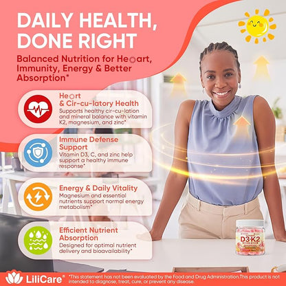 Vitamin D3 K2 Gummies 5000IU / 10,000 IU with 500mg Calcium + K2(MK-7) 200mcg, Magnesium, Vitamin C & Zinc, Extra Strength - Ultimate Absorbency for Bones, Muscles, Teeth, Vegan, 60 Count (Pack of 1)