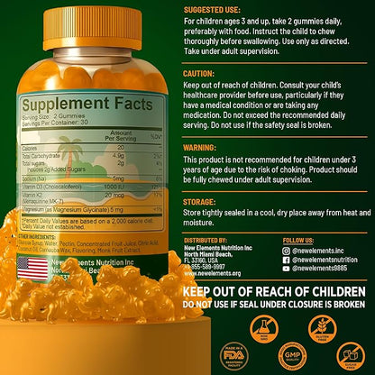 New Elements Kids Vitamin D3 K2 Gummies with Magnesium Glycinate | Strong Bones & Immune Health | Vitamin D3 1000 IU for Kids | Vitamin K2 for Kids 20mcg | Non-GMO, Gluten-Free