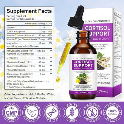 Cortisol Supplements for Women & Men, Ultra Concentrated 10 in 1 Cortisol Liquid with Magnesium, Ashwagandha, L-theanine, Support Hormonal Balance, Promotes Mood & Mental Clarity (60ml, Blueberry)