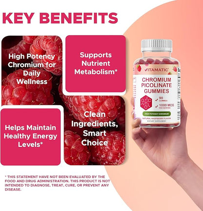 Vitamatic Chromium Picolinate 1000 mcg - 90 Gummies - High Potency Chromium - Raspberry Flavor