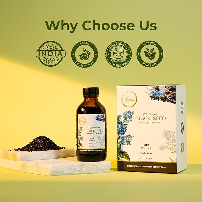 My Ace Black Seed Carrier Oil | 100% Pure Cold Pressed Oil for Hair Growth, Skin & Face Care, Body Moisturizer, Massage & Aromatherapy – 4 fl oz