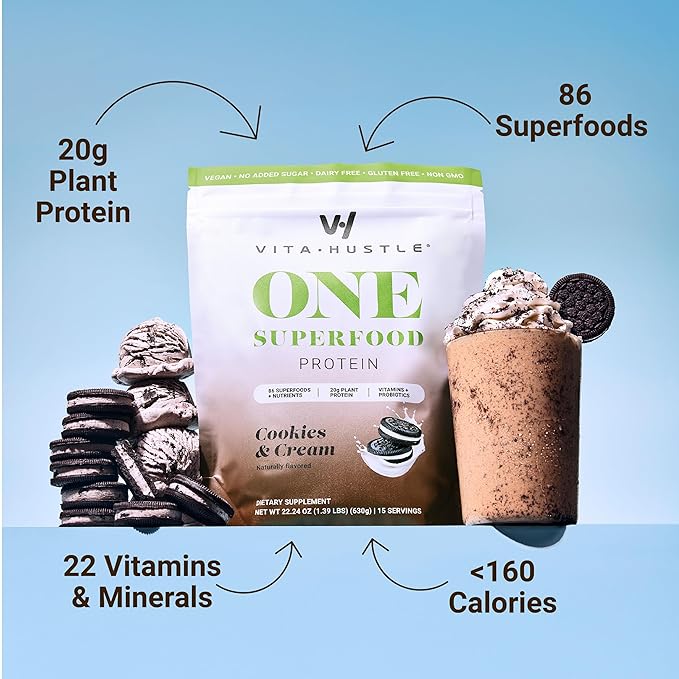 VitaHustle ONE Vegan Cookies & Cream Protein Powder - 20g Plant Protein Meal Replacement with 86+ Superfoods & Greens, Probiotics + No Bloat Digestive Blend - Dairy Free, Gluten Free (15 Servings)