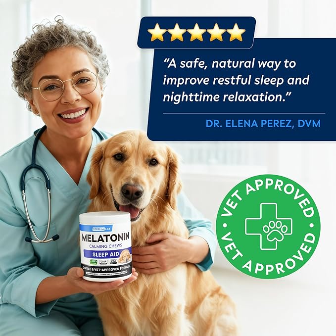 STRELLALAB Melatonin for Dogs to Sleep 6mg - Doggie Sleep Aid Treats - Sleeping Pills for Anxiety - Extra Strength Calming Chews Large & Medium Breed Help Sleep at Night - Made in USA - 60Ct