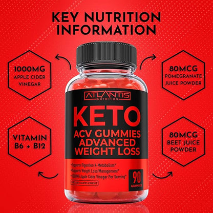 Atlantis Nutrition Keto ACV Gummies for Weight Loss - Supports Digestion, Weight Loss, Detox & Cleansing - Apple Cider Vinegar Gummies Formulated with 1000MG ACV Per Serving - 90 Count