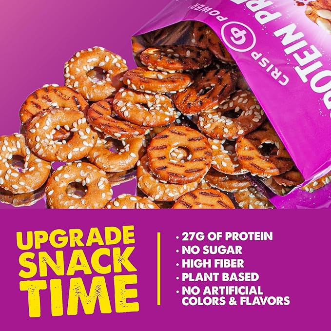 CRISP POWER Protein Pretzels, Sesame, 27G Protein, High Protein Snack, High Fiber, Low Carb Crunchy Pretzel Snacks, No Added Sugar, 1.75 oz Bags, 6 Pack, Vegan, Keto