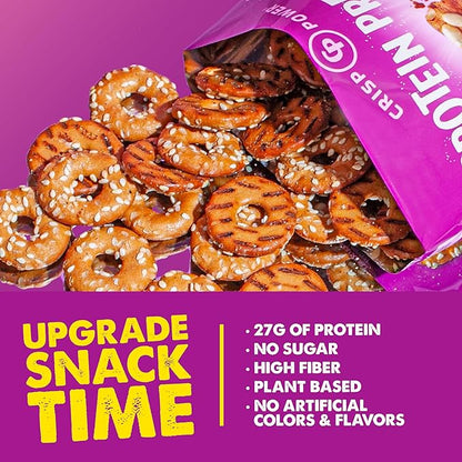 CRISP POWER Protein Pretzels, Sesame, 27G Protein, High Protein Snack, High Fiber, Low Carb Crunchy Pretzel Snacks, No Added Sugar, 1.75 oz Bags, 24 Pack, Vegan, Keto