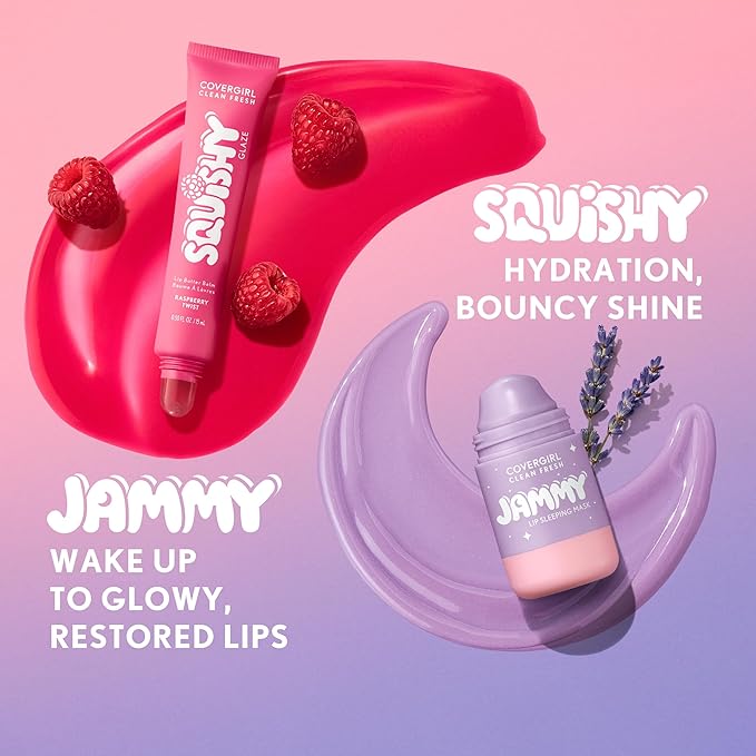 COVERGIRL Clean Fresh Squishy Glaze™ Lip Butter Balm, Flavored, Non-Sticky, with Vitamin E & Shea Butter – 180 Peach Gummies (Sheer Peach Pink)