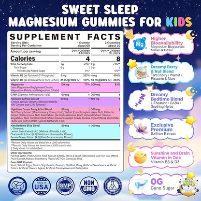 Kids Sleep Gummies NO Melatonin - Triple Magnesium Glycinate + Saffron, GABA, Berry & Nut Superfood Gummies, Sugar Free Nighttime Sleep Aid & Calm for Kids 4+ Teens, Relaxation, Brain & Muscle, 2Pack
