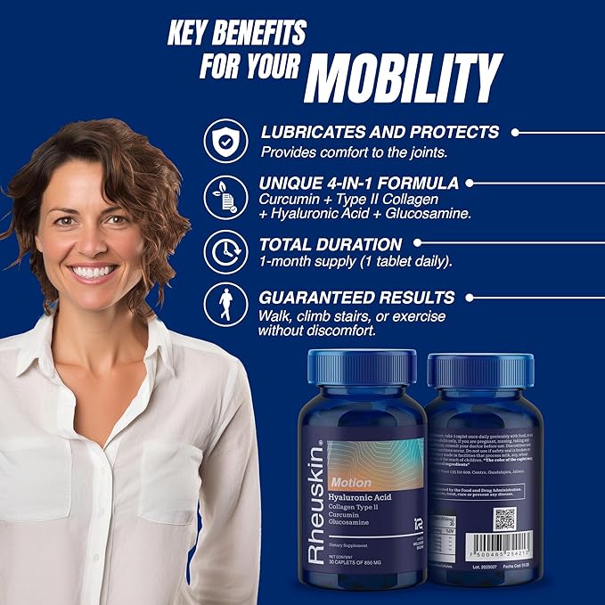 Motion – Advanced Joint Support: Hyaluronic Acid + Glucosamine + Curcumin + Type II Collagen – Flexibility, Mobility & Comfort – 30 Caplets 850 mg