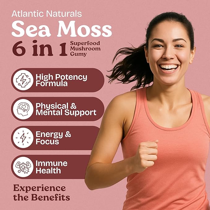 Atlantic Naturals Sea Moss Gummies with Lions Mane Mushroom | Sea Moss Gel Alternative with Irish Sea Moss Reishi, Cordyceps Chaga & Turkey Tail Supplement | Helps Immunity Energy & Focus | 60 Gummies