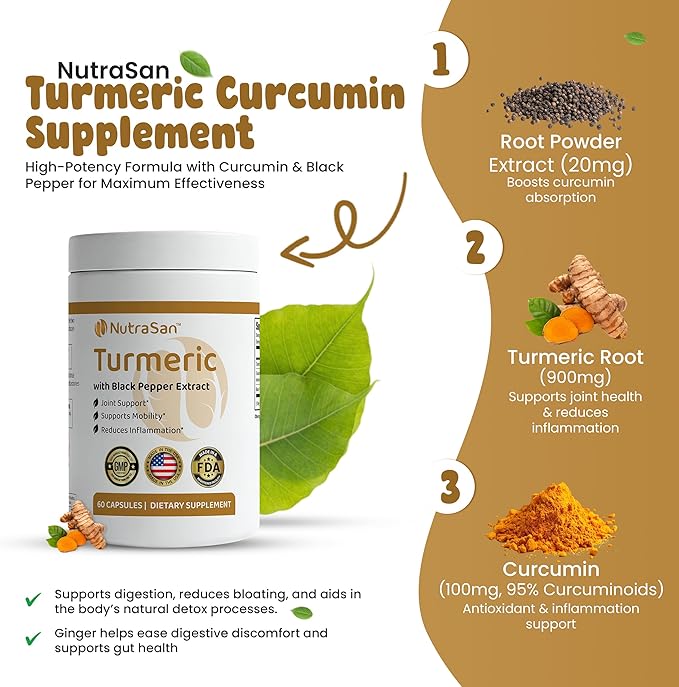 Turmeric Curcumin Supplements 900mg- Highly Bioavailable Turmeric with Curcuminoids & Black Pepper Extracts -Supports Joint Health & Reduces Inflammation - Gluten Free & Non-GMO 60 Capsules