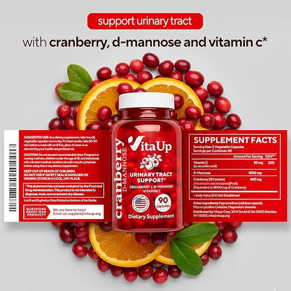 D-Mannose Supplements for Women – USA Made D-Mannose with Cranberry & Vitamin C – Cranberry Pills for Women for Urinary Tract & Bladder, Immune Support – 90 Vegan Capsules