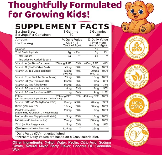 Iron Supplement Gummies for Kids, Kids Multivitamin with Iron Gummies - Zinc, Vitamin B Complex, A, C, D3, B12, Folate for Blood Builder & Energy Support, Iron Deficiency, Vegan Mixed Berry 60ct