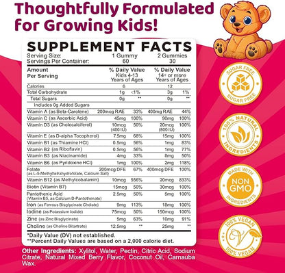 Iron Supplement Gummies for Kids, Kids Multivitamin with Iron Gummies - Zinc, Vitamin B Complex, A, C, D3, B12, Folate for Blood Builder & Energy Support, Iron Deficiency, Vegan Mixed Berry 60ct