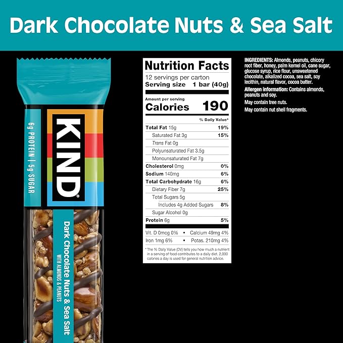 KIND Nut Bars, Dark Chocolate Nuts and Sea Salt, Healthy Snacks, Gluten Free, Low Sugar, 6g Protein, 12 Count