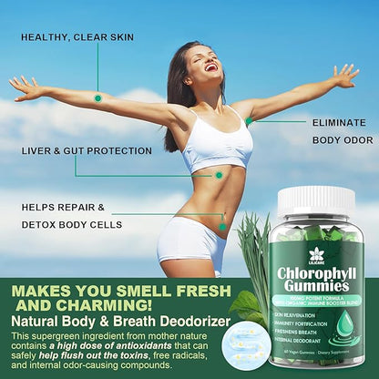Chlorophyll Gummies - Super Green with Wheat Grass, Sea Moss, Unfiltered ACV & Elderberry, Echinacea, Zinc Complex & Vitamin D3, C, E, B12 for Natural Deodorant, Immune & Digestion Support, Pack of 2