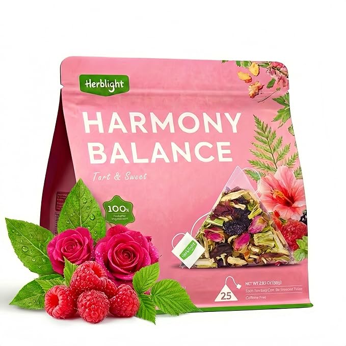 Herblight Harmony Balance Tea with Red Raspberry Leaf, Rose & Ginger - Caffeine-Free Herbal Blend for Women's Cycle Support & Monthly Comfort - Premium Whole Leaf Tea (25 Pyramid Bags)