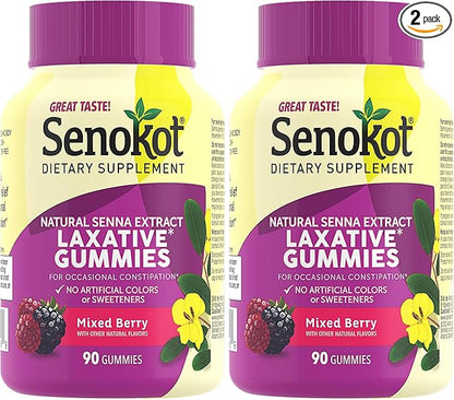 Senokot Dietary Supplement Laxative Gummies,Natural Senna Extract,Gentle,Overnight Relief from Occasional Constipation,Mixed Berry Flavor,90 Count (Pack of 2)