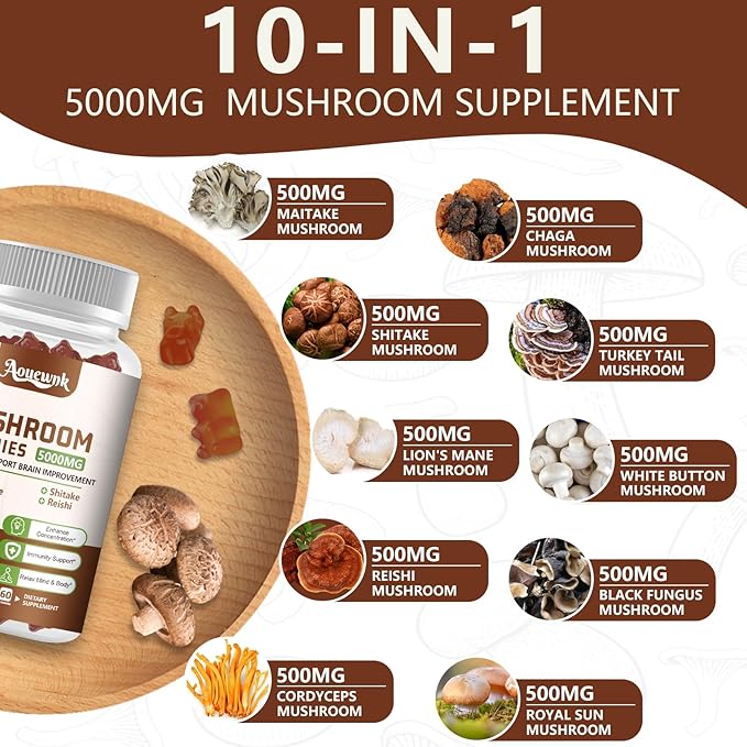 1 Pack 5000MG Mushroom Gummies for Men & Women - 10-in-1 Blend Mushroom Complex Supplement containing Lion's Mane, Brain and Immune Boosting, Blueberry Flavor, Non-GMO, 60 Cts