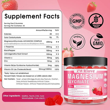 Magnesium Glycinate Gummies 400 mg with Ashwagandha,Magnesium Malate & L-Theanine for Women Men & Kids Adults,Chewable Complex Supplements for Sleep,Calm,Nerves,Heart,Muscles,90 Count
