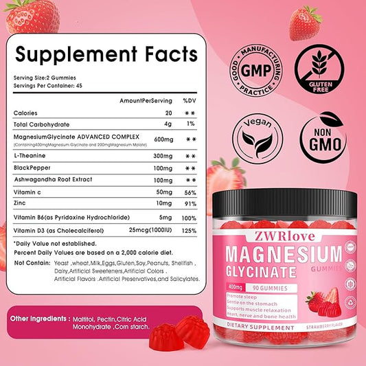 Magnesium Glycinate Gummies 400 mg with Ashwagandha,Magnesium Malate & L-Theanine for Women Men & Kids Adults,Chewable Complex Supplements for Sleep,Calm,Nerves,Heart,Muscles,90 Count