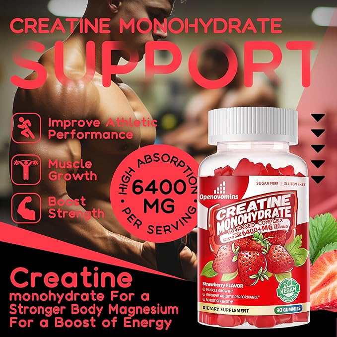 Creatine Monohydrate Gummies Complex for Men & Women -Advanced Formula W/L-Taurine + Vitamin B12, Sugar Free Chewable Supplement,90 Strawberry Gummies