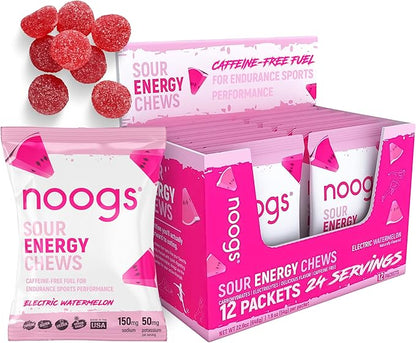 Noogs Sour Energy Chews, Electric Watermelon Electrolyte Energy Gummies, Sour Candy Flavored Alternative to Running Gels, Vegan, Gluten Free & Caffeine Free, 12 Pack