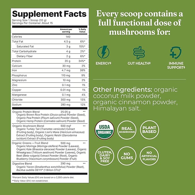 Four Sigmatic Organic Plant-Based Protein Powder | Clean Vegan Protein Elevated with Lion’s Mane, Chaga, Cordyceps and More for Brain Function and Immune Support | Unflavored, 16.9 oz