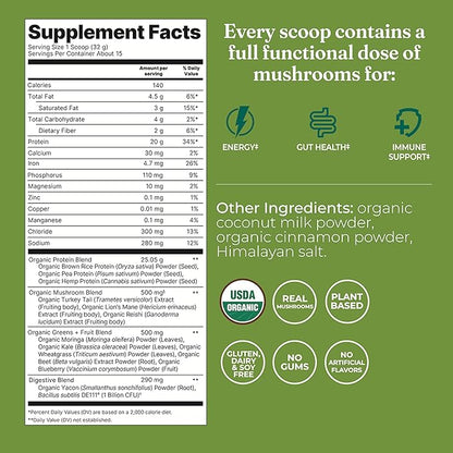 Four Sigmatic Organic Plant-Based Protein Powder | Clean Vegan Protein Elevated with Lion’s Mane, Chaga, Cordyceps and More for Brain Function and Immune Support | Unflavored, 16.9 oz