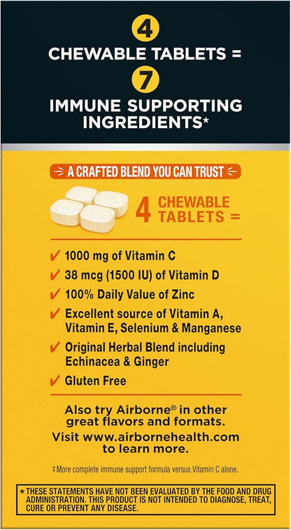 Airborne Vitamin C 1000mg (per Serving) - Citrus Chewable Tablets (96 Count in a Box) - Packaging May Vary