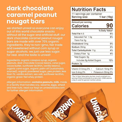 UNREAL Dark Chocolate Caramel Peanut Nougat Bars, 70% Organic Ingredients, Fair Trade, Non-GMO, No Corn Syrup, Sugar Alcohols, Soy, 209grams (3 Value Size Bags)