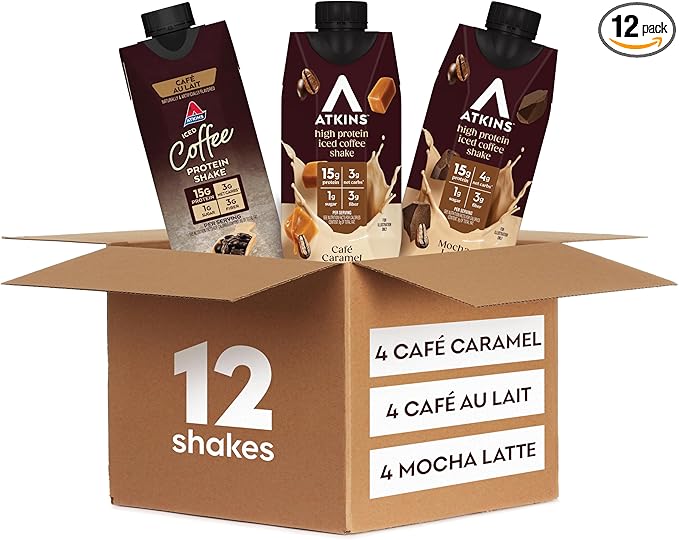 Atkins Coffee Lovers Protein Shake Variety Pack, Mocha Latte, Café Caramel and Café au Lait Flavored Protein Shakes, 15g Protein, 3g Fiber, GLP-1 Friendly, 12 Count