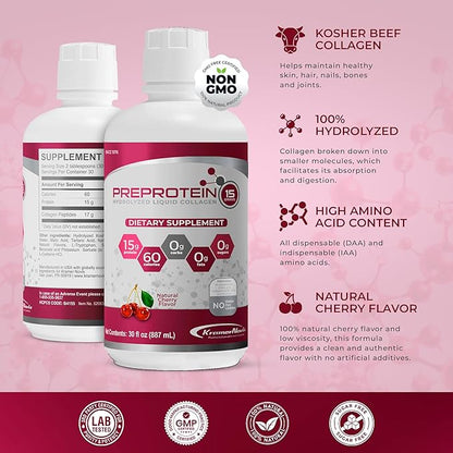 PreProtein 15 Liquid Hydrolyzed Collagen Peptides – Sugar Free Cherry Flavor Drink – 15g Protein Amino Acid Supplement for Bariatric Recovery, Joint Support & Wound Care – 30oz
