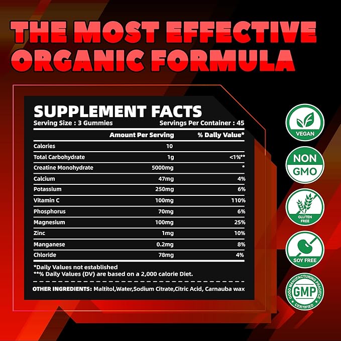Creatine Monohydrate Gummies (5g) – Pre-Workout Energy & Muscle Growth Support for Men & Women | Strawberry Electrolyte Gummies (135 Count)